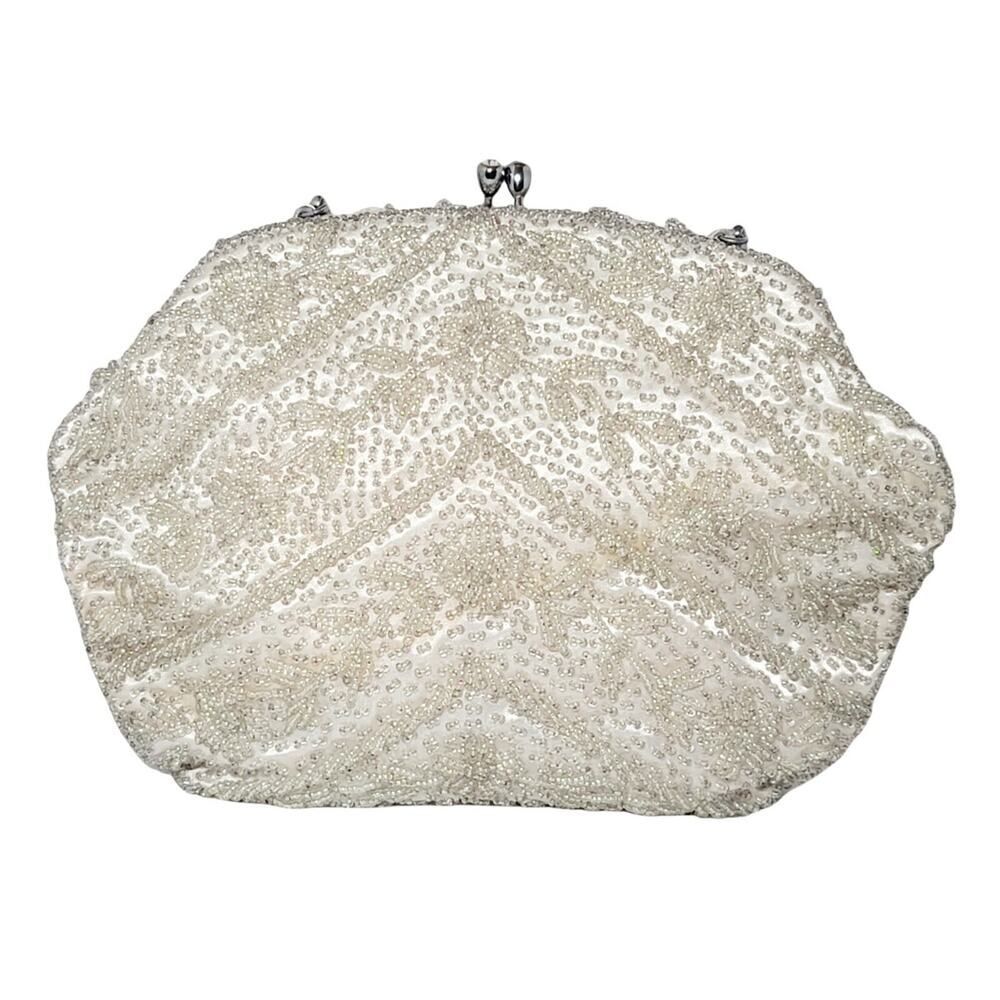 Vintage Off White Beaded Evening Formal Purse Bag Beige Metal Clasp Closure READ - Picture 8 of 12